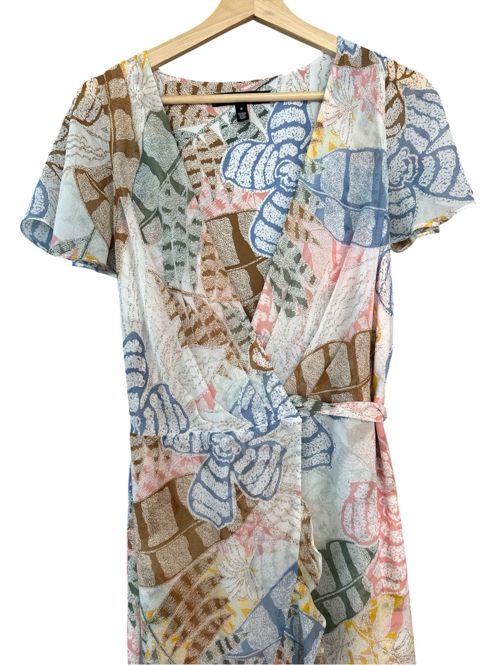 WHBM Ruffle Sleeve Seashell Chiffon Wrap Dress - Picture 3 of 8
